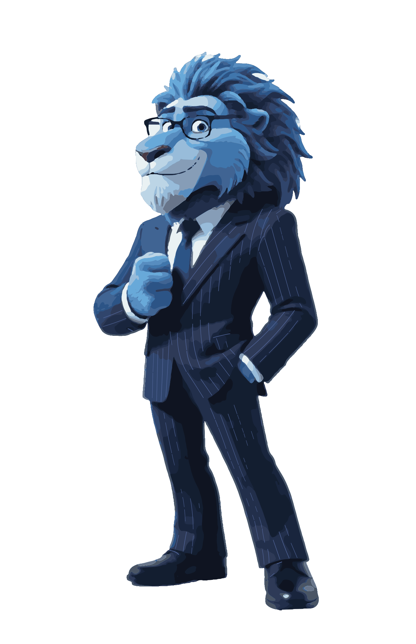 Boss, our blue lion mascot, standing confidently in his navy pinstripe suit and glasses.